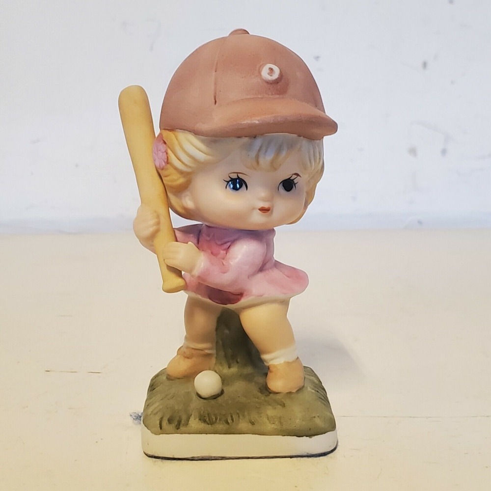 Vintage Ceramic Play Ball Figurine Girl W/ Basebal Bat Pink‎ Hat Baseball Girl
